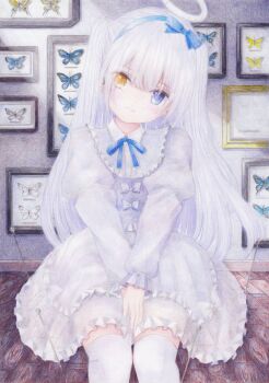 1girl blush bug butterfly closed_mouth colored_pencil_(medium) darkkanan deaf disability dress earbuds earphones frilled_dress frills graphite_(medium) halo hands_on_lap head_tilt headband hearing_aid heterochromia highres indoors insect lolita_fashion long_hair long_sleeves looking_at_viewer original pinafore_dress see-through_clothes sitting sleeveless sleeveless_dress solo thighhighs thighs traditional_media twintails white_dress white_hair