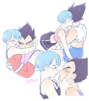 Rule 34 | 1boy, 1girl, alesshiart, bike shorts, black eyes, black hair, blue eyes, blue hair, blush, bowl cut, breasts, bulma, camisole, carrying, crop top, dragon ball, dragonball z, eye contact, hetero, highres, husband and wife, looking at another, medium breasts, miniskirt, pink shirt, pink tank top, princess carry, red camisole, red lips, red skirt, shirt, short hair, signature, skirt, smile, tank top, vegeta