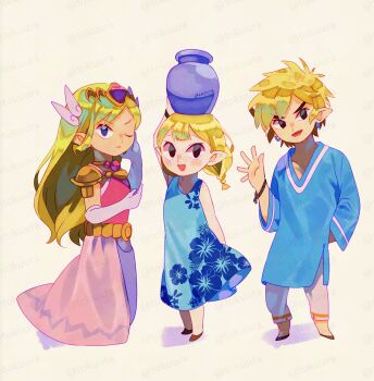 1boy 2girls adversarial_noise armor aryll bare_shoulders black_eyes blonde_hair blue_dress blue_shirt brother_and_sister closed_mouth commentary_request dress earrings elbow_gloves floral_print floral_print_dress full_body gloves highres jewelry link long_hair looking_at_viewer multiple_girls necklace nintendo one_eye_closed open_mouth pants pink_dress pink_gloves pointy_ears pot_on_head princess_zelda print_dress shirt short_hair shoulder_armor siblings sleeveless sleeveless_dress smile standing the_legend_of_zelda the_legend_of_zelda:_the_wind_waker tiara tokuura toon_link toon_zelda watermark watermark_grid waving white_pants yellow_background