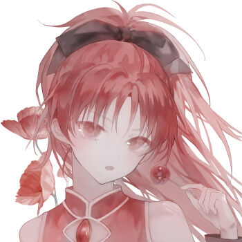 1girl absurdres antenna_hair bare_shoulders black_bow black_wrist_cuffs bow candy chest_jewel chinese_commentary chupa_chups cleavage_cutout clothing_cutout collared_dress commentary_request dot_nose dress expressionless fang flower flower_request food gem hair_bow high_ponytail highres holding holding_candy holding_food holding_lollipop layla_836829767 light_blush lollipop long_hair looking_at_viewer magical_girl mahou_shoujo_madoka_magica mahou_shoujo_madoka_magica_(anime) open_mouth ponytail red_dress red_eyes red_flower red_gemstone red_hair sakura_kyoko simple_background sleeveless sleeveless_dress solo tsurime upper_body white_background wrist_cuffs