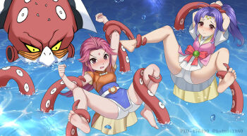 2girls ahegao angry beimingxue belt blue_hair blush breasts brown_eyes bubble closed_mouth dongfang_tiexin dot_nose embarrassed eyebrows frown jewelry legs_apart loli long_hair mingxue monster multiple_girls octopus octopus_tentacles open_mouth panties ponytail red_eyes red_hair ribbon ribbon_trim shen_bing_xiao_jiang shirt skirt small_breasts tentacles tiexin underwear water yellow_eyes