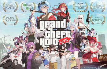 6+girls adjusting_eyewear alternate_costume amane_kanata ambulance anger_vein animal_ear_fluff animal_ears assault_rifle bandaid bandaid_hair_ornament banknote baseball_bat black_hair black_jacket black_shirt black_tank_top blonde_hair blood blue_eyes blue_hair blunt_bangs braid braided_bangs brand_name_imitation breasts brown_hair car carrot_hair_ornament cleavage commentary counting_money cowboy_hat cuffs dog_ears dog_girl dress english_commentary food-themed_hair_ornament fox_ears fox_girl fuwawa_abyssgard gainoob garter_straps gloves gradient_hair grand_theft_auto grand_theft_auto_v green_eyes grey_hair grin gun hair_ornament halo handcuffs handgun hat highres holding holding_baseball_bat holding_bread holding_gun holding_handcuffs holding_money holding_weapon hololive hololive_english hololive_grand_theft_auto hood hoodie hoshimachi_suisei houshou_marine inugami_korone jacket jewelry koseki_bijou lab_coat large_breasts long_hair looking_at_viewer middle_finger mococo_abyssgard money mori_calliope motor_vehicle multicolored_hair multicolored_jacket multiple_girls necklace ninomae_ina'nis nurse_cap ookami_mio oozora_subaru oozora_subaru_(police) orange_hair ouro_kronii outdoors over_shoulder pants pink_hair pink_hat pointy_ears purple_eyes purple_hair purple_hoodie rabbit_ears rabbit_girl red_dress red_garter_straps red_gloves red_hat red_shirt red_streaks red_thighhighs rifle rubber_duck sakura_miko shirakami_fubuki shirt shishiro_botan short_dress short_hair shotgun siblings sidelocks smile star_halo streaked_hair sunglasses tank_top tentacle_hair thick_eyebrows thighhighs tokoyami_towa twin_braids twins usada_pekora virtual_youtuber weapon weapon_over_shoulder white_gloves white_hair white_jacket white_shirt wolf_ears wolf_girl x_hair_ornament yellow_pants