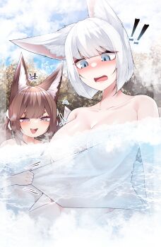 ! !! 2girls :d absurdres amagi-chan_(azur_lane) animal_ears assisted_exposure azur_lane bathing blue_eyes breasts brown_hair cleavage convenient_censoring day embarrassed eyeshadow flower fox_ears fox_girl fox_tail groin hair_flower hair_ornament half-closed_eyes highres kaga_(azur_lane) large_breasts long_hair makeup medium_hair multiple_girls multiple_tails naked_towel onsen open_mouth outdoors purple_eyes red_eyeshadow samip smile steam steam_censor surprised tail teeth towel towel_pull traditional_media twintails upper_teeth_only very_long_hair wet_tail white_flower white_hair