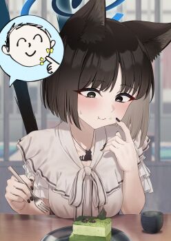1boy 1girl absurdres alternate_costume animal_ear_fluff animal_ears black_eyes black_hair black_nails blue_archive blue_halo blush breasts cake cake_slice casual cat_ears cat_girl cat_necklace cat_tail closed_mouth commentary_request doodle_sensei_(blue_archive) food food_on_face fork halo highres holding holding_fork kikyou_(blue_archive) large_breasts multiple_tails parted_bangs pizza_(pizzania_company) pleated_shirt sensei_(blue_archive) shirt short_hair short_sleeves sweatdrop tail two_tails upper_body white_shirt