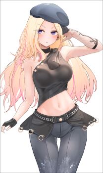 Rule 34 | 1girl, :o, absurdres, arm up, armpits, asaikeu, asymmetrical gloves, beret, black choker, black hat, black pants, blonde hair, blue eyes, blush, breasts, choker, commentary, cowboy shot, fingerless gloves, gakuen idolmaster, gloves, hat, highres, idolmaster, juo sena, linea alba, long hair, looking at viewer, medium breasts, mismatched gloves, navel, pants, pink streaks, simple background, solo, stomach, thigh gap, very long hair