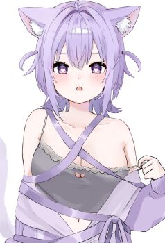 1girl amano243 animal_ear_fluff animal_ears bare_shoulders black_camisole breasts camisole cat_ears cat_girl cleavage hashtag-only_commentary heart heart-shaped_pupils highres hololive jacket large_breasts nekomata_okayu purple_jacket short_hair simple_background single_off_shoulder solo spaghetti_strap symbol-shaped_pupils two_side_up upper_body virtual_youtuber white_background