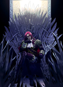 1boy a_song_of_ice_and_fire ascot beard_stubble black_gloves boots crossed_legs epaulettes facial_hair figarland_shamrock game_of_thrones gloves iron_throne long_hair male_focus military_uniform mustache_stubble one_piece qkix red_eyes red_hair sitting_on_throne solo stubble sword thigh_boots weapon white_ascot