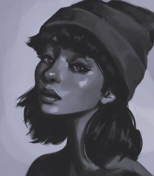 Rule 34 | 1girl, art study, beanie, closed mouth, commentary, dark-skinned female, dark skin, english commentary, grey background, greyscale, hat, highres, lips, looking at viewer, medium hair, monochrome, nose, original, portrait, realistic, solo, titanartx