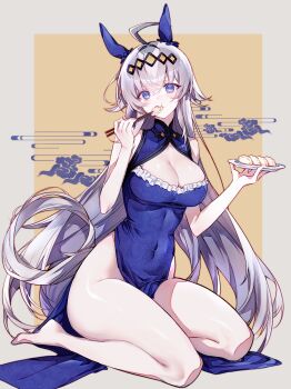 Rule 34 | 1girl, absurdres, ahoge, alternate costume, animal ears, bare arms, blue dress, blue eyes, blush, breasts, china dress, chinese clothes, cleavage, cleavage cutout, clothing cutout, cloud print, commentary request, covered navel, diamond (shape), diamond hairband, dress, dumpling, eating, food, grey hair, grey tail, hair between eyes, highres, holding, holding plate, horse ears, horse girl, horse tail, jiaozi, large breasts, legs, long hair, looking at viewer, oguri cap (umamusume), outside border, pelvic curtain, plate, seiza, sitting, sleeveless, sleeveless dress, solo, tail, tuwu (user yvte3782), umamusume, yellow background