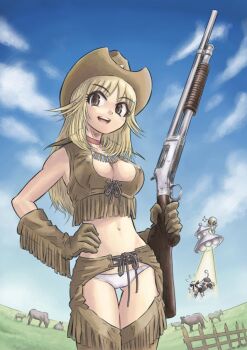 1girl abduction alien blonde_hair breasts brown_eyes chaps choker cleavage cloud cow cowboy_hat cowboy_shot cowboy_western day evil_grin evil_smile female_focus fisheye flying_saucer fringe_trim front-tie_top gloves grin gun hand_on_own_hip happy hat holding holding_gun holding_weapon jewelry kurayami_joe large_breasts left-handed long_hair looking_at_viewer midriff navel necklace no_pants open_mouth original outdoors panties pump_action rifle scared shotgun sky smile solo solo_focus spacecraft thigh_gap thighhighs trigger_discipline ufo underwear weapon white_panties winchester_model_1897