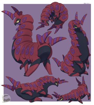 Rule 34 | absurdres, antennae, bug, centipede, colored sclera, commentary request, full body, gen 5 pokemon, highres, horns, mochiri (mochiri work), nintendo, no humans, pokemon, pokemon (creature), pokemon focus, purple background, scolipede, simple background, yellow eyes, yellow sclera