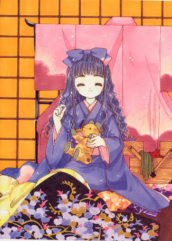 1990s_(style) 1girl ^_^ blunt_bangs cardcaptor_sakura child clamp closed_eyes daidouji_tomoyo female_focus japanese_clothes kimono long_hair official_art purple_hair retro_artstyle sewing sitting solo stuffed_animal stuffed_toy teddy_bear wavy_hair