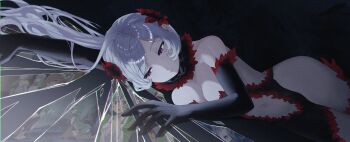 5girls anime_screenshot_inset anya_fromel bare_shoulders black_gloves breasts broken_glass cleavage dress dungeon_ni_deai_wo_motomeru_no_wa_machigatteiru_darou_ka elbow_gloves freya_(danmachi) glass gloves grey_hair hair_ornament highres large_breasts long_hair lunoire_faust multiple_girls navel open_mouth purple_eyes ryu_lion syr_flover valithea_9 white_hair