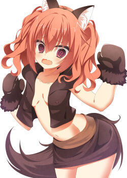 1girl @_@ absurdres animal_ear_fluff animal_ear_hairband animal_ears blush breasts breasts_apart brown_mittens brown_skirt brown_vest collarbone commentary covered_erect_nipples cowboy_shot embarrassed eyes_visible_through_hair fake_animal_ears fake_tail film_grain fur-trimmed_mittens fur_trim furrowed_brow hair_between_eyes hairband halloween halloween_costume hands_up highres inaba_meguru long_hair miniskirt mittens navel no_bra official_alternate_costume official_alternate_hairstyle open_clothes open_mouth open_vest orange_hair red_eyes sanoba_witch simple_background skirt small_breasts solo stomach sukonbu385 tail twintails vest wavy_hair wavy_mouth werewolf_costume white_background wolf_ears wolf_tail