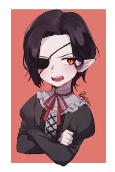 1boy absurdres artist_self-insert black_hair eyepatch fangs frills hair_behind_ear highres hyde_(hyde_(tabakko)) long_sleeves looking_to_the_side male_focus one_eye_covered original pointy_ears puffy_long_sleeves puffy_sleeves red_background red_eyes red_neckwear sharp_teeth slit_pupils teeth turtleneck vampire vyolfers