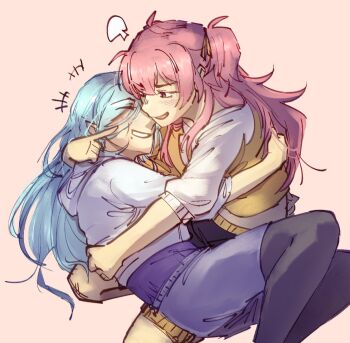 2girls black_pantyhose blue_hair blush commentary emotsper english_commentary fang hinomori_shizuku hood hoodie hug long_hair lying_on_lap momoi_airi multiple_girls open_mouth pantyhose pink_background pink_eyes pink_hair project_sekai purple_shirt shirt simple_background smile two_side_up white_hoodie yuri