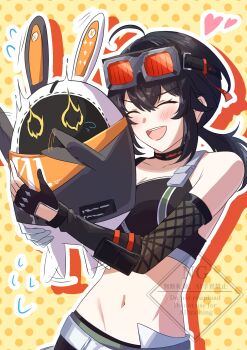 Rule 34 | 1girl, ^ ^, ahoge, ama rinngoo, arm pouch, asymmetrical gloves, bangboo (zenless zone zero), black hair, black sports bra, closed eyes, commentary request, crop top, crossed bangs, eous (zenless zone zero), fingerless gloves, gloves, goggles, goggles on head, grace howard, hair between eyes, highres, long hair, navel, open mouth, single fingerless glove, smile, sports bra, teeth, upper body, upper teeth only, zenless zone zero