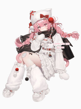 Rule 34 | 1girl, absurdres, animal hat, bag, bandaid, bandaid on leg, belt, black bag, black scarf, bow, bow legwear, braid, cat girl, cat hat, cat tail, commentary, commission, dress, frilled dress, frills, gauze on knee, gloves, hair bow, hair ornament, hair ribbon, hairclip, hand up, hashtag-only commentary, hat, hat bow, head tilt, heart, heart hair ornament, highres, leg warmers, long hair, long sleeves, looking at viewer, original, parted bangs, pink eyes, pink hair, pom pom (clothes), puffy long sleeves, puffy sleeves, red ribbon, ribbon, ribbon braid, scarf, shoes, simple background, sitting, sneakers, solo, star ornament, suiji xuanlu, symbol-only commentary, tail, twin braids, watermark, white background, white dress, white gloves, white hat, white leg warmers, white shoes, winter gloves