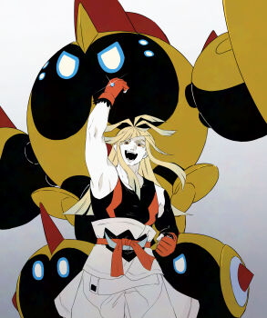 1boy absurdres arm_up belt black_tank_top blonde_hair commentary_request dean_(satori-fujioka) falinks fingerless_gloves gen_8_pokemon gloves highres ivor_(pokemon) long_hair male_focus mega_falinks mega_pokemon mega_stone nintendo open_mouth pants pokemon pokemon_(creature) pokemon_legends:_z-a red_belt red_eyes red_gloves simple_background solo standing tank_top teeth white_background white_pants