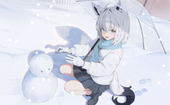 Rule 34 | ahoge, animal ear fluff, animal ear piercing, animal ears, aqua eyes, aqua scarf, braid, braided sidelock, coat, double-parted bangs, fox ears, fox girl, fox tail, gloves, hashtag-only commentary, hololive, kagemoe1003, open mouth, outdoors, pleated skirt, scarf, shirakami fubuki, skirt, smile, snow, snowing, snowman, squatting, tail, transparent, transparent umbrella, umbrella, virtual youtuber, white coat, white gloves, white hair