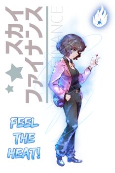 1girl absurdres akiyama_shun akiyama_shun_(cosplay) akiyama_yukari belt belt_buckle black_belt black_pants black_shirt brown_eyes brown_hair brown_shoes buckle candy commentary cosplay dress_shirt english_commentary fluff fluffkaiser fluffy_hair food from_side full_body girls_und_panzer glowing hand_in_pocket high_heels highres holding holding_candy holding_food holding_lollipop jacket lollipop long_sleeves looking_at_viewer open_collar pants pink_jacket power-up profile ryuu_ga_gotoku_(series) ryuu_ga_gotoku_1 shirt shoes short_hair smile solo standing striped_clothes striped_jacket vertical-striped_clothes vertical-striped_jacket