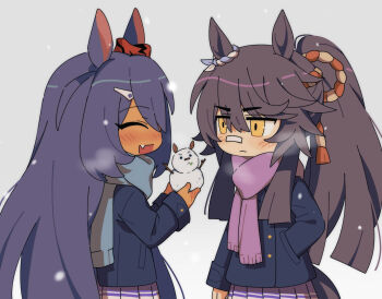 2girls animal_ears bandaid bandaid_on_face bandaid_on_nose black_hair blue_coat blue_scarf blush breath buttons closed_eyes closed_mouth coat dark-skinned_female dark_skin double-breasted ear_ornament ear_scrunchie fang hair_between_eyes hair_ornament hairclip hand_in_pocket highres hishi_amazon_(umamusume) holding_snowman horse_ears horse_girl horse_tail hwipa_(param_blue) long_hair long_sleeves multiple_girls narita_brian_(umamusume) open_mouth ponytail purple_scarf purple_skirt red_scrunchie scarf school_uniform scrunchie simple_background skirt smile snowman striped_clothes striped_scrunchie tail umamusume very_long_hair winter_clothes winter_coat winter_uniform yellow_eyes