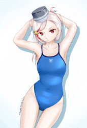 Rule 34 | 1girl, anon., blonde hair, blue one-piece swimsuit, competition swimsuit, grey hat, hat, headgear, highres, holding, holding hair, kantai collection, long hair, massachusetts (kancolle), multicolored hair, one-piece swimsuit, red eyes, red hair, simple background, solo, standing, streaked hair, swimsuit, thigh gap, white background