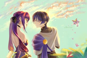 Rule 34 | 1boy, 1girl, absurdres, aqua eyes, arm at side, arms behind back, bare shoulders, belt, black belt, black bodysuit, black bow, black choker, black shorts, blunt ends, bodysuit, bow, box, breasts, cape, choker, cloud, cloudy sky, detached sleeves, dragon, durin (genshin impact), earrings, eyelashes, genshin impact, gift, gift box, gold, gold trim, grass, green sky, hair bow, hair intakes, heartbye (lollybomb12), highleg, highleg leotard, highres, holding, holding gift, japanese clothes, jewelry, kimono, leotard, light blush, long hair, looking at another, medium breasts, mini durin (genshin impact), mona (genshin impact), outdoors, pink lips, ponytail holder, purple cape, purple hair, purple leotard, purple sash, purple sleeves, red ribbon, ribbon, sash, scaramouche (genshin impact), short sleeves, shorts, sidelocks, sky, small dragon, star (symbol), star earrings, strapless, strapless leotard, teeth, tongue, tongue out, tsurime, twintails, twitter username, upper teeth only, wanderer (genshin impact), white kimono, white mouth, white sleeves, wispy bangs, yellow ribbon