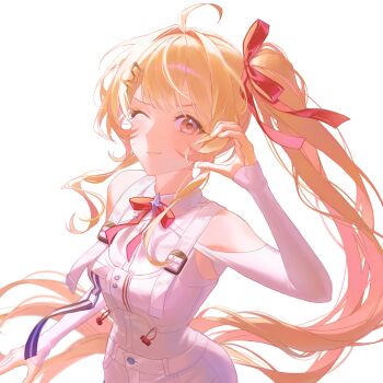 Rule 34 | 1girl, ahoge, bare shoulders, blonde hair, blush, bow, bowtie, breasts, closed mouth, clothing cutout, collared dress, commentary, dress, fortissimo, hair ornament, hair ribbon, half-heart hands, hand up, highres, hololive, hololive dev is, long hair, long sleeves, looking at viewer, medium breasts, musical note, musical note hair ornament, neck ribbon, official alternate costume, one eye closed, otonose kanade, otonose kanade (regloss uniform), red bow, red bowtie, red eyes, red ribbon, ribbon, roha (2r0ha1745), shoulder cutout, side ponytail, sidelocks, simple background, smile, solo, v-shaped eyebrows, very long hair, virtual youtuber, white background, white dress