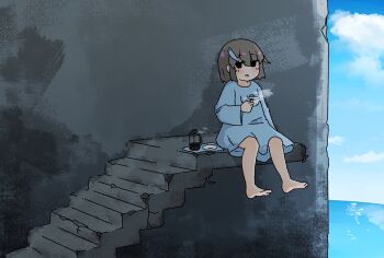1girl absurdres barefoot black_eyes blue_shirt blue_sky blush brown_hair building cloud cloudy_sky coffee coffee_press commentary_request cup fish_hair_ornament hair_ornament highres holding holding_cup horizon kani_aji kani_aji-chan long_sleeves looking_at_viewer no_pants no_pupils no_sclera ocean open_mouth original oversized_clothes oversized_shirt print_shirt raised_eyebrows rebar saucer shirt short_hair sitting sky solo stairs steam teacup wide_shot