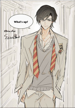 Rule 34 | 1boy, bitter r18tya, black hair, character name, closed mouth, collarbone, earrings, english text, eyebrows hidden by hair, formal clothes, grey eyes, hair between eyes, hands in pockets, harry potter (series), jewelry, looking at viewer, male focus, necktie, pectorals, ring, school uniform, sirius black, smirk, solo, speech bubble, standing, striped necktie, suit, sweater, twitter username, undone necktie, wizarding world