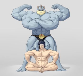 2boys abs bara biceps bruno_(pokemon) commentary crossed_arms double_biceps_pose english_commentary extra_arms extra_penises flexing gen_1_pokemon highres large_pectorals large_penis machamp matainfancias multiple_boys muscular muscular_male nintendo nipples pectorals penis penis_on_shoulder penis_out pokemon pokemon_(creature) pokemon_frlg simple_background size_difference yaoi