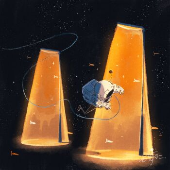 Rule 34 | 1other, ambiguous gender, astronaut, commentary request, fish, full body, highres, kazunoko (kazunoko zunoco), lamppost, original, signature, simple fish, sky, space, spacesuit, star (sky), starry sky, surreal