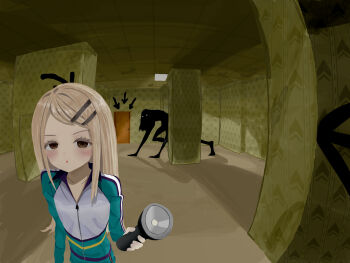 1girl :o absurdres arm_up arrow_(symbol) backrooms_(creepypasta) blonde_hair ceiling ceiling_light collarbone colored_eyelashes door fisheye flashlight foreshortening gakuen_idolmaster green_jacket green_pants hair_ornament hairpin highres holding holding_flashlight idolmaster jacket light_blush liminal_space long_hair monster open_mouth pale_skin pants partially_unzipped patterned perspective pillar sensai_(jky1712) shadow shinosawa_hiro silhouette solo swept_bangs track_jacket track_pants