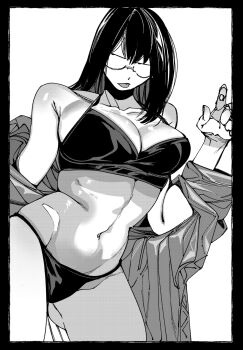 1girl :p bikini black_border border breasts cleavage greyscale hachinuki_tessei highres jimiko jitome long_hair looking_to_the_side medium_breasts mob_face moire monochrome navel original round_eyewear she_(hachinuki_tetsuyo) solo swimsuit tongue tongue_out white_background
