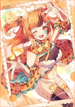 1girl ;d absurdres ahoge arm_bow arm_up asymmetrical_legwear black_shirt black_thighhighs blunt_bangs border borrowed_character bow breasts brown_hair clothing_cutout clothing_request collar commission cowboy_shot facial_mark fish_skeleton_hair_ornament frilled_collar frilled_shirt frills gloves hair_ornament hairpin happy heart heart_ahoge heart_cutout heart_facial_mark heart_floating_above_hand high-low_shirt highres koyose large_breasts legwear_cutout long_hair lopsided_border mark_under_eye mismatched_legwear multicolored_hair multicolored_shirt navel neck_ribbon one_eye_closed open_mouth orange_background orange_border orange_collar orange_eyes orange_hair orange_theme original outside_border ribbed_gloves ribbon second-party_source sharp_teeth shirt shorts sidelocks skeb_commission sleeveless smile solo sparkle stomach streaked_hair swept_bangs teeth thighhighs two_side_up upper_teeth_only v w white_gloves white_shirt white_shorts white_thighhighs wind yellow_bow yellow_ribbon