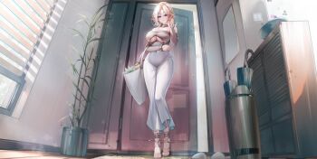 1girl absurdres bag bare_shoulders blonde_hair blush breasts cabinet cleavage clothing_cutout commentary covered_groin covered_navel door dress elbow_carry english_commentary feet from_below full_body grey_dress hand_in_own_hair hand_up high_heel_sandals highres holding holding_bag indoors large_breasts large_variant_set legs light_particles long_dress long_hair long_sleeves looking_at_viewer lrrer mole mole_under_mouth multicolored_hair off-shoulder_dress off_shoulder open_door original parted_bangs parted_lips plant pointy_ears potted_plant purple_eyes rug sandals sidelocks solo standing streaked_hair thighs toes umbrella umbrella_stand underboob underboob_cutout variant_set white_streaks window window_blinds