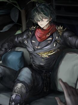 1boy absurdres black_boots black_jacket black_shirt boots closed_mouth commentary_request couch green_eyes green_hair hair_over_one_eye highres indoors jacket leather lighter_(zenless_zone_zero) looking_at_viewer male_focus on_couch pants pillow plant potted_plant pov pov_hands red_pupils red_scarf scarf shiraki_(y_aira_srk) shirt short_hair shoulder_spikes sitting spiked_belt spiked_jacket spikes torn_clothes torn_shirt zenless_zone_zero