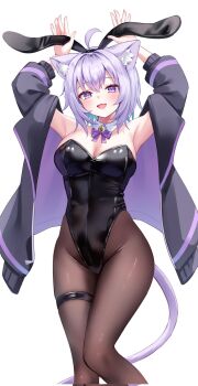 1girl :3 ahoge animal_ear_hairband animal_ears armpits bell black_jacket black_leotard black_pantyhose blush bomber_jacket breasts cat_ears cat_girl cat_tail cleavage colored_inner_hair corrupted_twitter_file detached_collar double-parted_bangs fake_animal_ears hairband highres hip_bones hololive jacket large_breasts leotard looking_at_viewer multicolored_hair multicolored_jacket neck_bell neck_ribbon nekomata_okayu open_clothes open_jacket pantyhose purple_eyes purple_hair rabbit_ear_hairband rabbit_ears rabbit_pose ribbon short_hair smile solo tail thigh_strap togemaru34 two-tone_jacket virtual_youtuber white_background