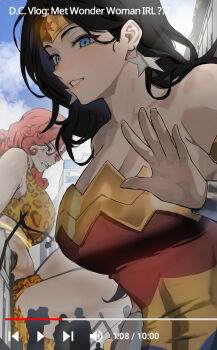 absurdres animal_print black_hair blue_eyes breasts character_request commentary dc_comics earrings english_commentary giant giantess highres jewelry leopard_print long_hair park_ongjol star_(symbol) star_earrings superhero_costume twitter_username wonder_woman wonder_woman_(series) youtube