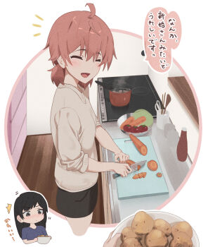 2girls ahoge black_eyes black_hair blue_shirt blush closed_eyes closed_mouth commentary compilation cooking highres indoors kitchen koito_yuu lie_lack1080 long_hair low_twintails multiple_girls nanami_touko open_mouth orange_hair potato shirt short_hair short_twintails translation_request twintails yagate_kimi_ni_naru