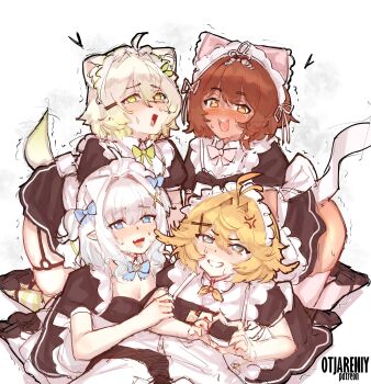 absurdres ahoge animal_ears ass blonde_hair blue_eyes breasts cleavage dark-skinned_female dark_skin densetsu.exe dokibird fang feather_hair ferret_ears ferret_girl ferret_tail four-finger_heart_hands ghost_girl green_eyes green_hair green_tail heart heart_hands highres indie_virtual_youtuber kneeling laimu_(vtuber) maid maid_headdress mint_fantome nervous open_mouth otjareniy phoebe_(vtuber) ribbon short_hair skin_fang sweat thick_thighs thigh_strap thighhighs thighs triangular_headpiece virtual_youtuber white_hair white_headdress yellow_eyes