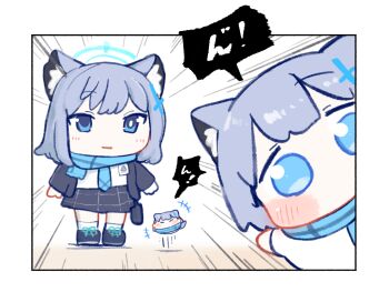 ! animal_ear_fluff animal_ears blue_archive blue_eyes blue_halo blue_necktie blue_ribbon blue_scarf bright_pupils chibi commentary_request grey_hair hair_ornament halo mismatched_pupils necktie open_mouth pointing ribbon scarf shiroko_(blue_archive) simple_background speech_bubble tail urode white_pupils wolf_ears wolf_tail x_hair_ornament