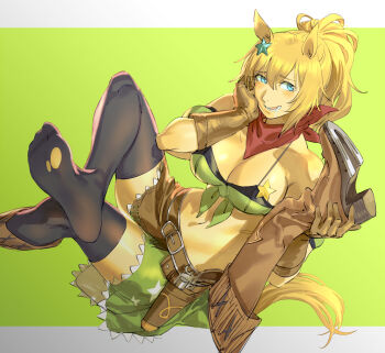 Rule 34 | 1girl, absurdres, bandana, belt, bikini, bikini under clothes, blue eyes, blush, boots, breasts, brown belt, brown boots, brown gloves, brown hair, cleavage, colt single action army, commentary request, crossed legs, feet, front-tie top, gloves, green background, green bikini, green skirt, gun, hair between eyes, hair ornament, hand on own cheek, hand on own face, handgun, hat on back, head rest, high heel boots, high heels, highres, holding, holding boots, holding footwear, holding unworn clothes, holster, holstered, horseshoe, knee boots, large breasts, long hair, navel, on ground, open mouth, purple thighhighs, red bandana, revolver, ruukii drift, shoe soles, sidelocks, simple background, single boot, sitting, skirt, smile, soles, solo, star (symbol), star hair ornament, stomach, swimsuit, taiki shuttle (umamusume), taiki shuttle (wild frontier) (umamusume), thighhighs, torn clothes, torn thighhighs, two-tone background, umamusume, unworn boots, weapon, white background, zettai ryouiki