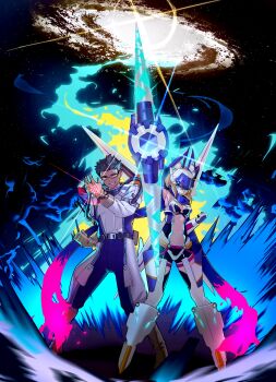 1boy 1girl absurdres ahoge alternate_color armor artoria_pendragon_(fate) black_bra black_hair blonde_hair blue_eyes bra breasts brown_gloves cleavage cleavage_cutout clenched_hand clothing_cutout command_spell commentary commission cosplay english_commentary fate/grand_order fate_(series) fujimaru_ritsuka_(male) fujimaru_ritsuka_(male)_(captain_chaldea) fujimaru_ritsuka_(male)_(cosplay) glasses gloves grin hair_through_headwear helmet highres holding holding_weapon kowai_(iamkowai) magic_circle medium_breasts mysterious_heroine_xx_(fate) mysterious_heroine_xx_(second_ascension)_(fate) navel orange_eyes original ponytail smile underwear weapon