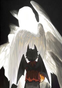 Rule 34 | 1boy, 1other, 7enn, aged down, angel, angel wings, black background, black hair, black pants, bucket, demon horns, demon wings, devilman, devilman crybaby, feathered wings, from behind, fudou akira, glowing, halloween bucket, height difference, highres, holding, holding bucket, horns, multiple wings, pants, red shirt, satan (devilman), shirt, simple background, wings