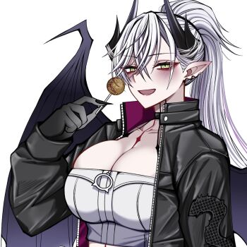 1girl black_hands blush breasts colored_extremities commentary_request demon_girl demon_wings fate/grand_order fate_(series) green_eyes highres large_breasts lilith_(fate) long_hair long_sleeves looking_at_viewer mcpc_zamurai open_mouth solo wings