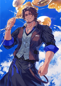 1boy balloon belmond_banderas belt black_belt blue_shirt blue_sky brown_eyes brown_hair brown_jacket buttons closed_mouth cloud collarbone commentary_request cowboy_shot day highres holding holding_balloon jacket jewelry long_hair long_sleeves looking_at_viewer male_focus necklace nijisanji open_clothes open_jacket outdoors shirt sky smile solo star_balloon striped_clothes striped_shirt vertical-striped_clothes vertical-striped_shirt yohki