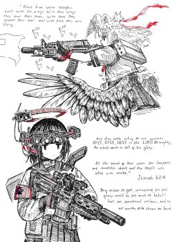 2girls absurdres armband assault_rifle bat_wings english_text feathered_wings firing gloves gun highres holding holding_gun holding_weapon multiple_girls original pleated_skirt red_armband rifle scope shiokaze1409 shirt short_hair short_sleeves simple_background skirt spot_color weapon white_background wings