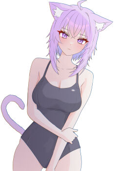 Rule 34 | 1girl, animal ear fluff, animal ears, bare arms, bare shoulders, breasts, cat ears, cat girl, cat tail, cleavage, closed mouth, collarbone, cowboy shot, highres, hololive, large breasts, light blush, looking at viewer, nekomata okayu, one-piece swimsuit, purple eyes, purple tail, solo, swimsuit, tail, virtual youtuber, warg game